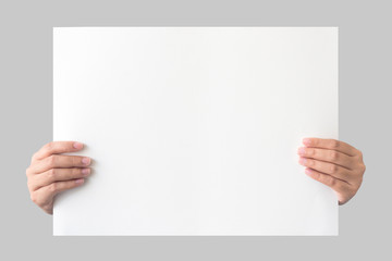 hand holding empty placard paper isolated on grey background with clipping path