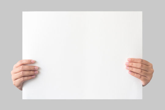 hand holding empty placard paper isolated on grey background with clipping path