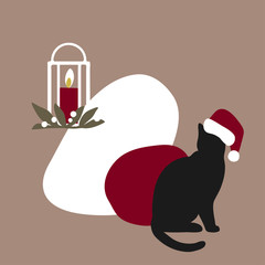 Black cat in Santa's hat minimalistic vector illustration. - 296305808