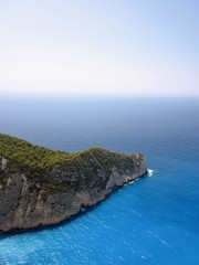 Beautiful west cliff coast at Zakynthos (Zante) island. Rocky steep cliffs on the wild western Zakynthos, near Navagio Beach. Ionian Island, Greece, Europe