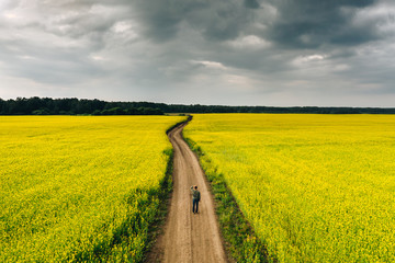 A man standing alone in the rapeseed field on a countryside road among yellow flowers under a dark cloudy sky. High angle natural landscape in Kemerovo region, Russia