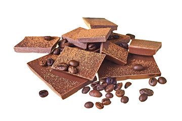 Many pieces of broken bar dark bitter or milky chocolate and fried coffee beans sprinkled of powder cocoa isolated on white background without shadows