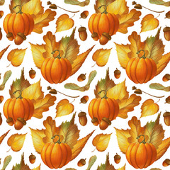 Graphic seamless pattern in retro style with autumn leaves, pumpkins, acorns and chestnuts. Warm pencil textured botanical background for a thanksgiving, wedding or branding design in gold colors