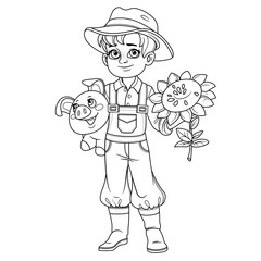 Cute boy in farmer costume with pig toy and sunflower in hands outlined for coloring page