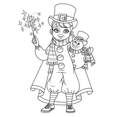 Fototapeta na wymiar Cute boy in carnival costume snowman in top hat and red cloak and with a toy in hand outlined for coloring page