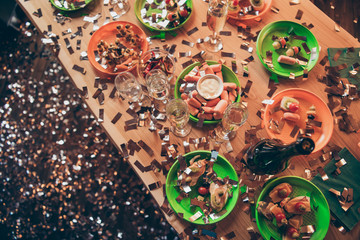 Top above high angle cropped view of nice lovely served colorful table healthy good atmosphere to have fun meeting gathering company weekend club clubbing domestic picnic