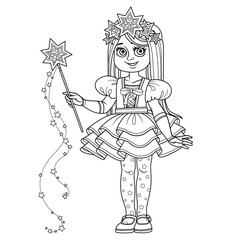 Cute girl in carnival costume of a star with magic wand and tiara from stars outlined for coloring page