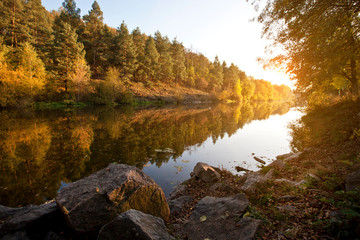 Fototapeta na wymiar Beautiful autumn on the riverside near the forest