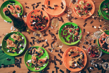 Top above high angle cropped view of nice lovely served table good friendly atmosphere to have fun meeting gathering company weekend hotel free time