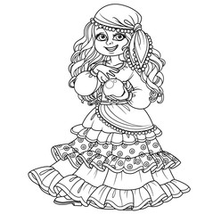 Cute girl in gypsy carnival costume with a fortune-telling ball in hand outlined for coloring page