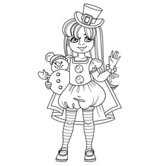 Cute girl in carnival costume snowman in top hat and red cloak and with a toy in hand outlined for coloring page