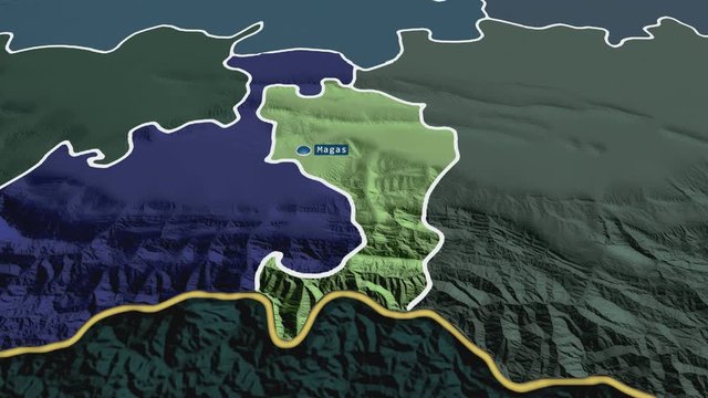 Ingush - republic of Russia (territory after annexation of Crimea in 2014) with its capital zoomed on the administrative map of the globe. Animation 3D