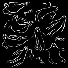 Ghosts. Black and white ink drawing for Halloween. Vector illustration for web design or print.