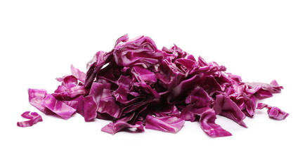 Chopped up, sliced and diced red, purple cabbage isolated on white background