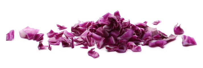 Fototapeta na wymiar Chopped up, sliced and diced red, purple cabbage isolated on white background