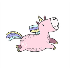 Unicorn. Color vector illustration in doodle style. Kawaii Character Design