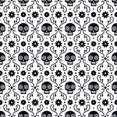Day of the dead seamless pattern with skulls and flowers on white background. Traditional mexican Halloween design for Dia De Los Muertos holiday party. Ornament from Mexico.