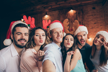 Fototapeta premium Self-portrait of nice attractive beautiful handsome lovely cheerful comic glad flirty coquettish positive ladies gentlemen having fun showing v-sign costume in industrial loft interior room