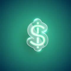 Realistic neon 'dollar sign' character with plastic case around, vector illustration