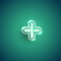 Realistic neon 'plus sign' character with plastic case around, vector illustration