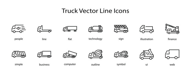 Truck Set of Transport Vector Line Icons. Contains such Icons as Truck, Transportation, Tow Truck, Cranes, Mixer, Garbage Truck, Manipulators, Delivery service and more. Editable Stroke. 32x32 Pixel
