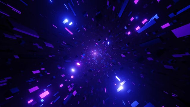 Abstract three-dimensional space. Different cubes in move in space. Moving background. Loop 4K animation