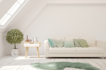 Stylish room in white color with sofa. Scandinavian interior design. 3D illustration