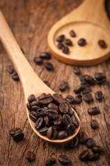 Close up coffee beans on wooden spoon