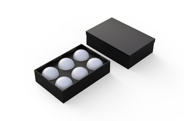 Six Golf ball gift box package, golf ball set mock up template on isolated white background, 3d illustration