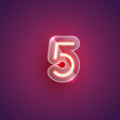 Realistic neon '5' character with plastic case around, vector illustration