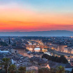 Fototapeta na wymiar Bridges in Florence at Sunset - View Over Florence, Tuscany - 