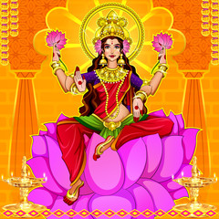 Illustration,Poster Or Banner Design For Indian Festival Of Dhanteras With Beautiful Goddess Maa Laxmi Take Shiny Golden Coin Pot On Decorated Background.Happy Diwali Holliday Of India	