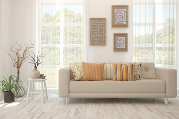 Stylish room in white color with sofa. Scandinavian interior design. 3D illustration