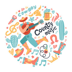 Round concept with misician cowboy and country misic elements. Guitar with written lettering for postcards or festival banners. Vector flat doodle hand drawn Illustration.