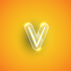 Realistic neon V character with plastic case around, vector illustration