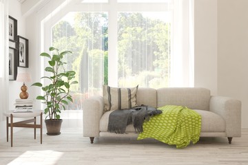 Stylish room in white color with sofa and summer landscape in window. Scandinavian interior design. 3D illustration