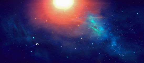 Space panoramic background. Sun shine to colorful nebula with spaceship. Elements furnished by NASA. 3D rendering