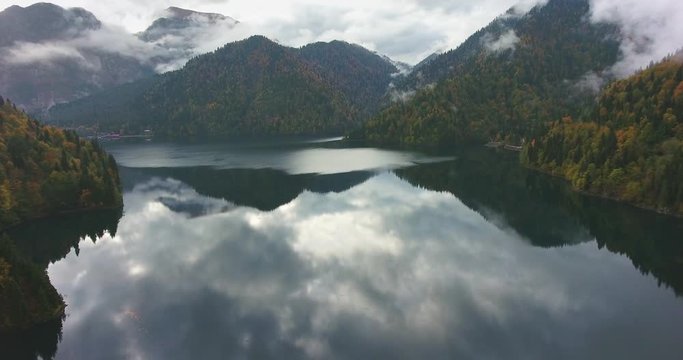 Ritsa Lake, Ritsa Relict National Park, Abkhazia. Aerial drone flight