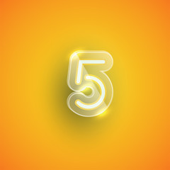 Realistic neon '5' character with plastic case around, vector illustration