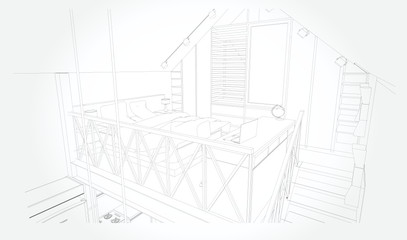Linear sketch of an interior. Room plan. Sketch Line bedrooms. Vector illustration.outline sketch drawing perspective of a interior space.