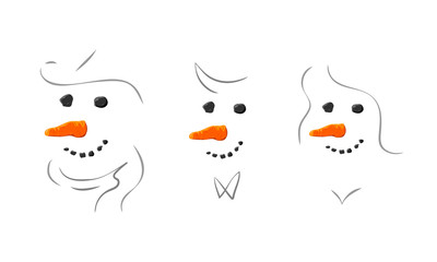 Fototapeta premium Hand drawn Christmas Snowman family concept isolated on white background. Simple and cute snowman face collection with line drawn elements. Christmas winter symbol icon. great for holiday decor.