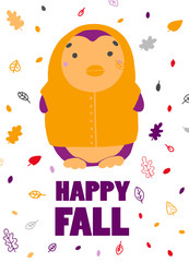Penguin in a yellow raincoat. Children holiday autumn card
