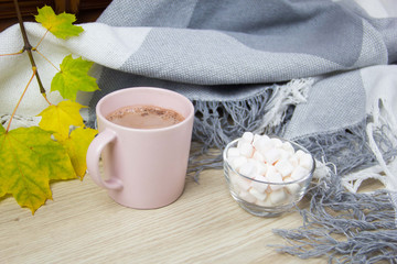 Mug of hot chocolate with marshmallows against a background of autumn leaves