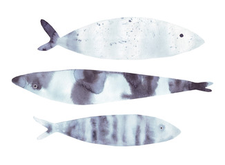 Beautiful nordic set of watercolor illustration sea blue ocean fishes isolated on white background. Underwater animal illustration for design, fabric or print.