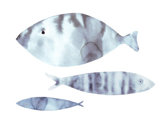 Beautiful nordic set of watercolor illustrations sea blue ocean fishes isolated on white background. Underwater animal illustration for design, fabric or print.