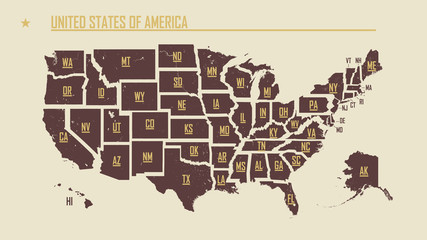 Detailed vintage map of the United States of America split into individual states with the abbreviations 50 states, vector illustration - obrazy, fototapety, plakaty