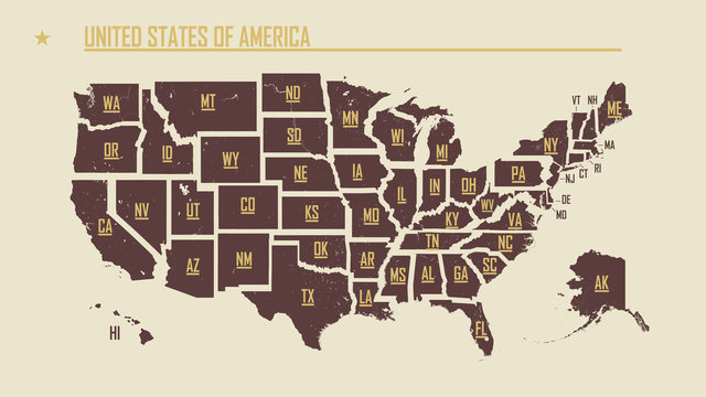 Detailed Vintage Map Of The United States Of America Split Into Individual States With The Abbreviations 50 States, Vector Illustration