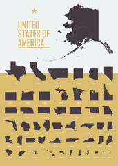 Poster with detailed USA states, by size of territory, Interior poster or post card with map of United States of America