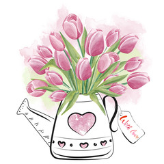 Beautiful tulips bouquet in watering can. Hand drawn watercolor illustration