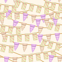 Seamless pattern of striped hanging flags, hand drawn on a tender pink background